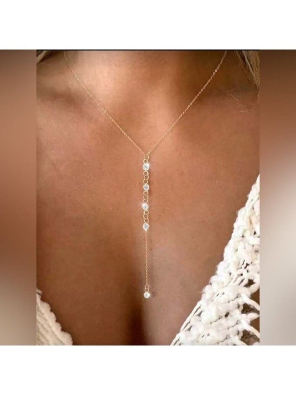 Gold Plated Stainless Steel Cubic Zirconia Lariat Drop Necklace